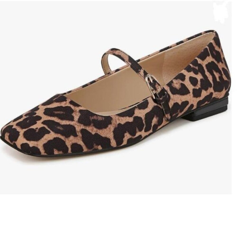 Milooey Leopard Square Toe Mary Jane Chunky Low Heels Adjustable Buckled Shoes